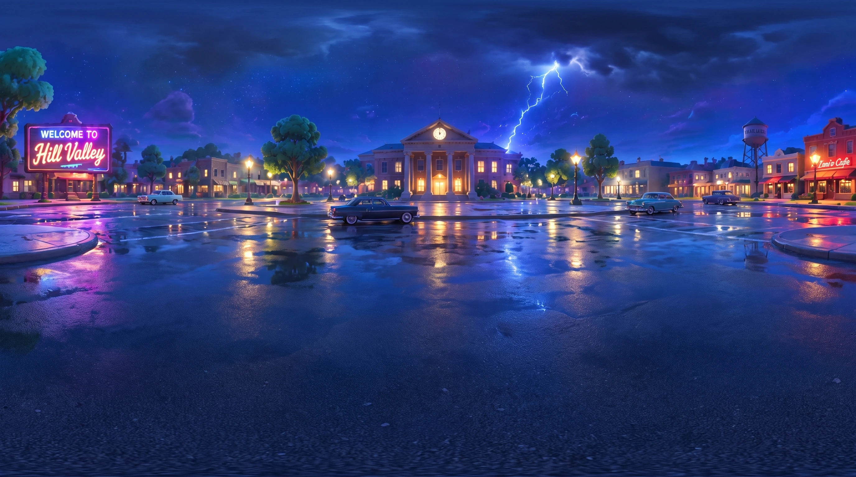 Panorama 360 de Hill Valley Courthouse Clock Tower de noche